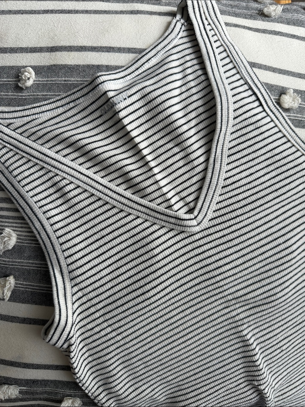 Old Navy Black and White Striped Ribbed V-Neck Tank Top